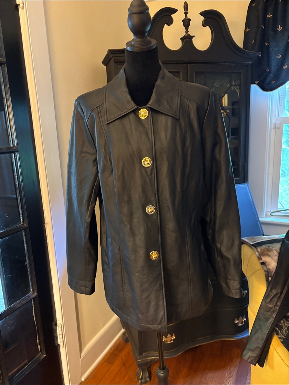 Classic Black Leather Button-Front Women's Coat
